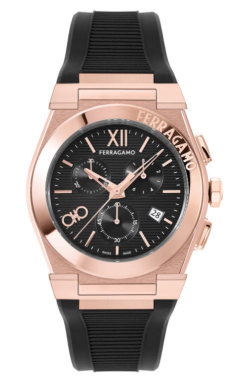 FERRAGAMO Vega Chronograph Silicone Strap Watch, 42mm in Ip Rose Gold at Nordstrom