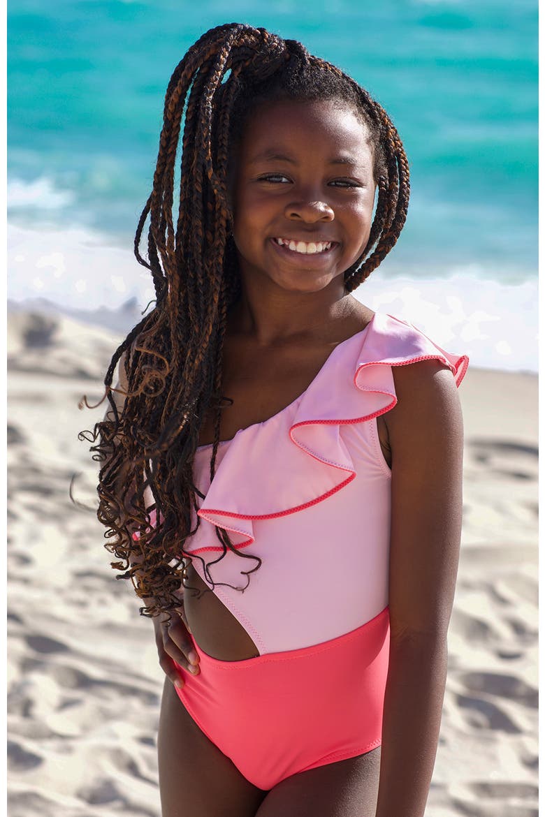 One-Shoulder Cutout Contrast-Trimmed Ruffle One-Piece Swimsuit, Alternate, color, Pink