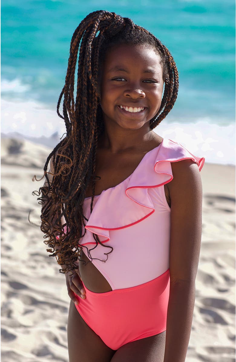 NESSI BYRD One-Shoulder Cutout Contrast-Trimmed Ruffle One-Piece Swimsuit, Alternate, color, Pink