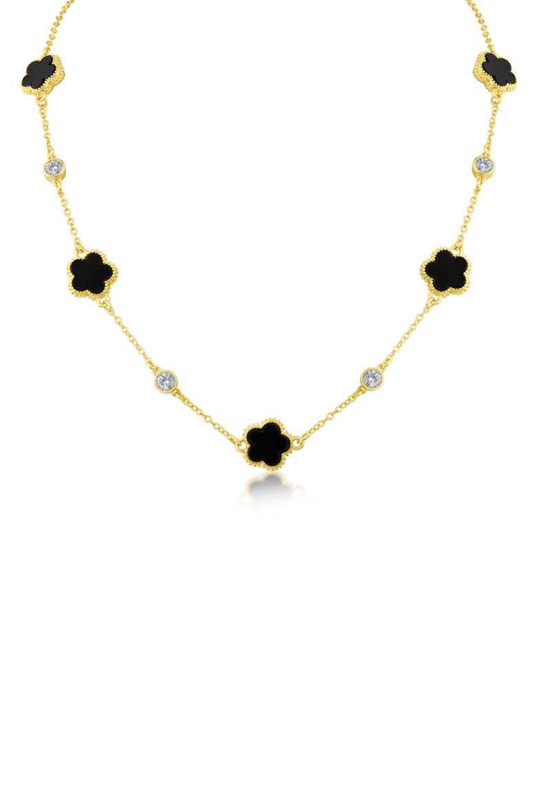 Cubic Zirconia & Black Clover Station Necklace, Alternate, color, BLACK/ GOLD