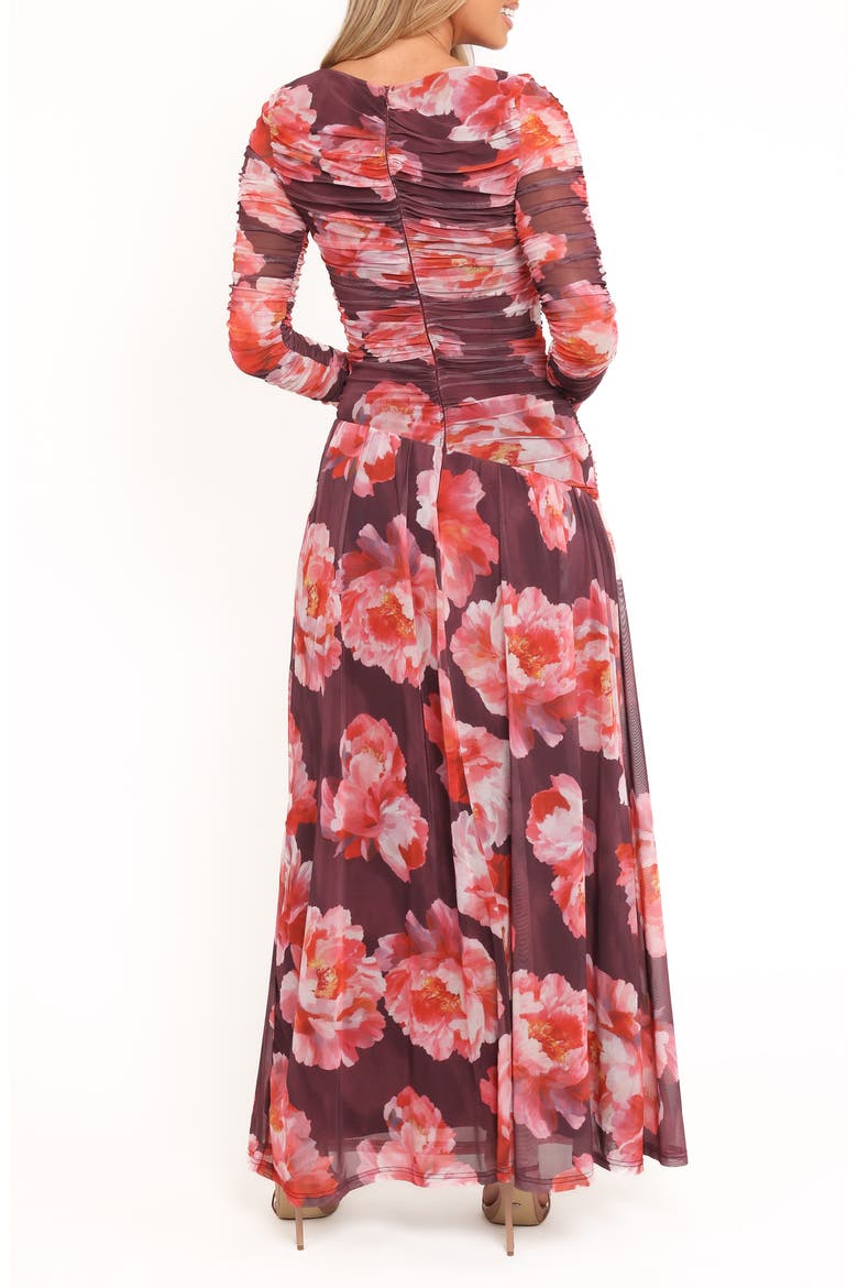 Calypso Floral Ruched Long Sleeve Mesh Maxi Dress, Alternate, color, BURGUNDY PEONY
