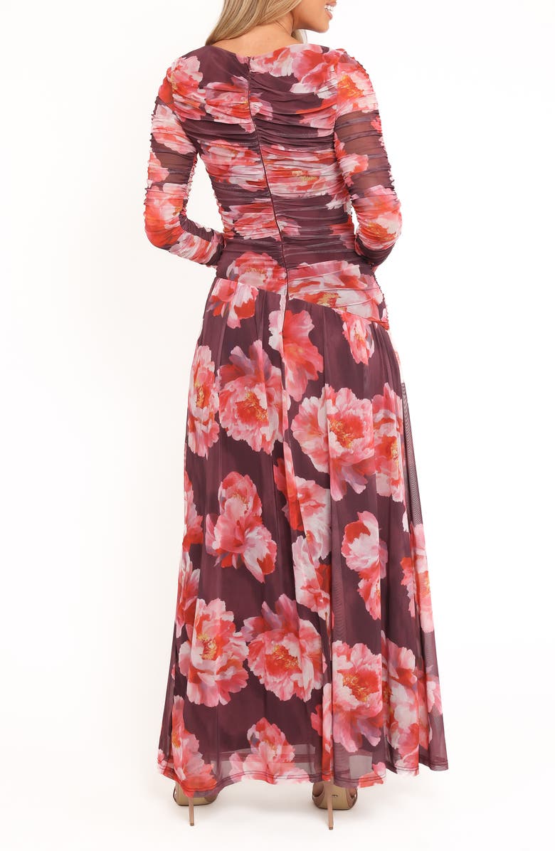 Petal & Pup Calypso Floral Ruched Long Sleeve Mesh Maxi Dress, Alternate, color, Burgundy Peony