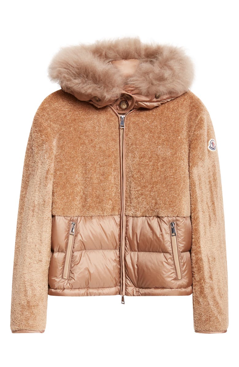 Moncler Marne Mixed Media Down Jacket with Removable Genuine Goat Hair Trim Hood, Alternate, color,