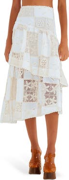 FARM Rio Lace Detail Tiered Asymmetric Cotton Skirt