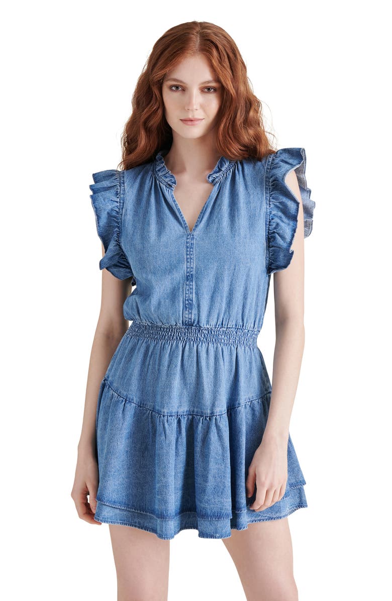 Steve Madden Prairie Dreams Flutter Sleeve Denim Minidress, Alternate, color, Vienna Wash