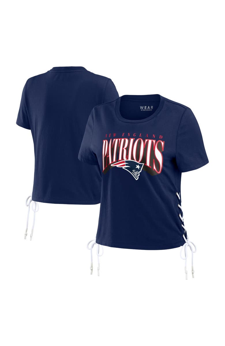 WEAR by Erin Andrews Women's WEAR by Erin Andrews Navy New England Patriots Lace Up Side Modest Cropped T-Shirt, Main, color, Navy