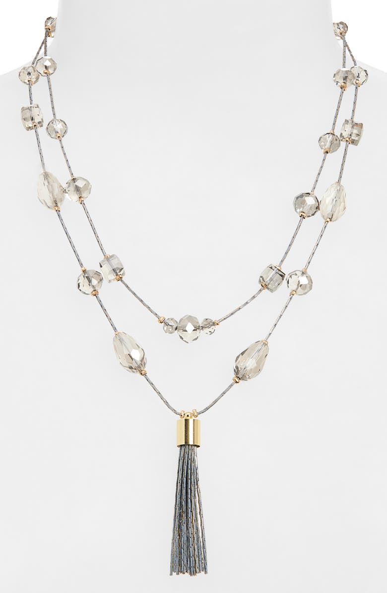 Tasha Tassel Pendant Beaded Station Layered Necklace, Alternate, color, Grey