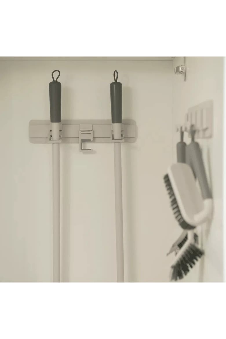 Wall Mounted Self Adhesive Broom and Mop Holder with 3 Adjustable Anti Slip Silicone Hooks, Alternate, color, Beige