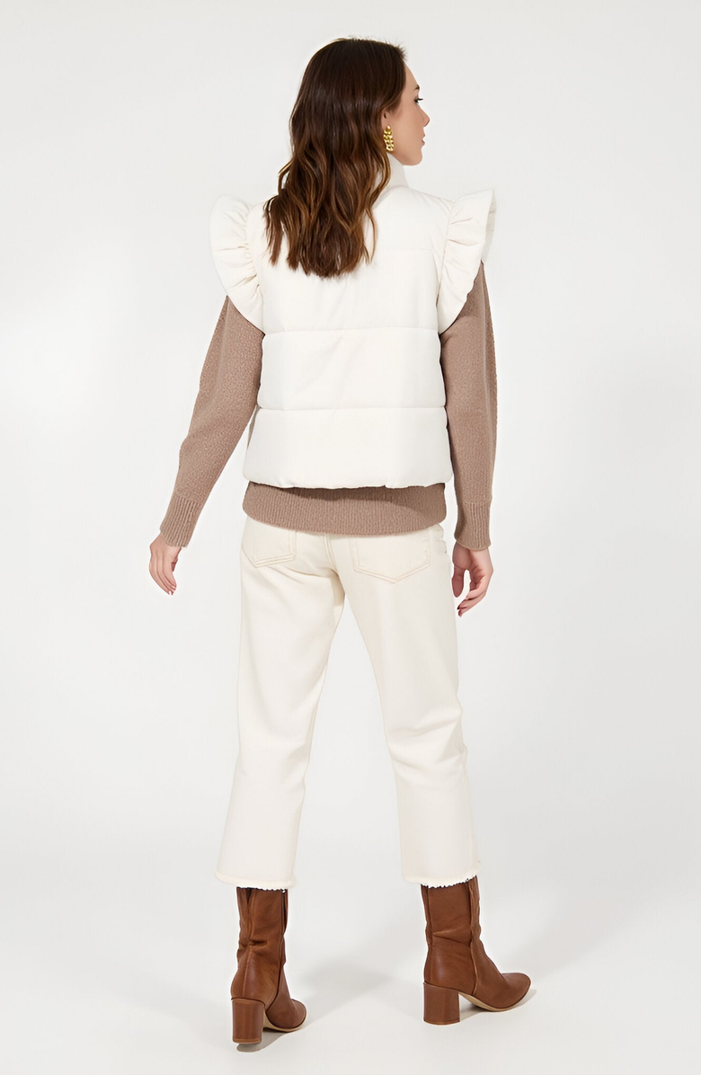 Modenaire Ruffle Shoulder Puffer Vest with Front Tie Closures and Stand Collar, Alternate, color, White