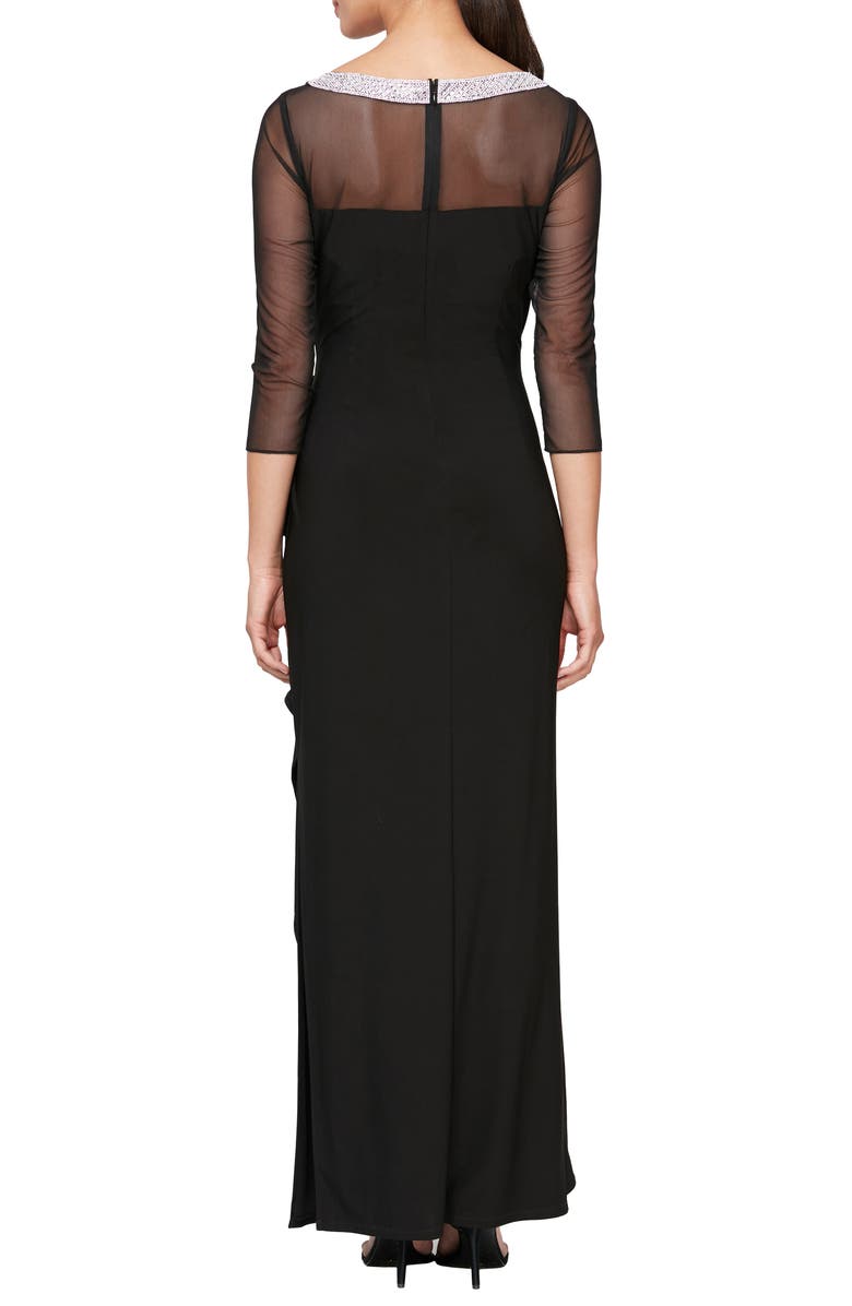 Alex Evenings Illusion Embellished Detail Jersey Gown, Alternate, color, Black