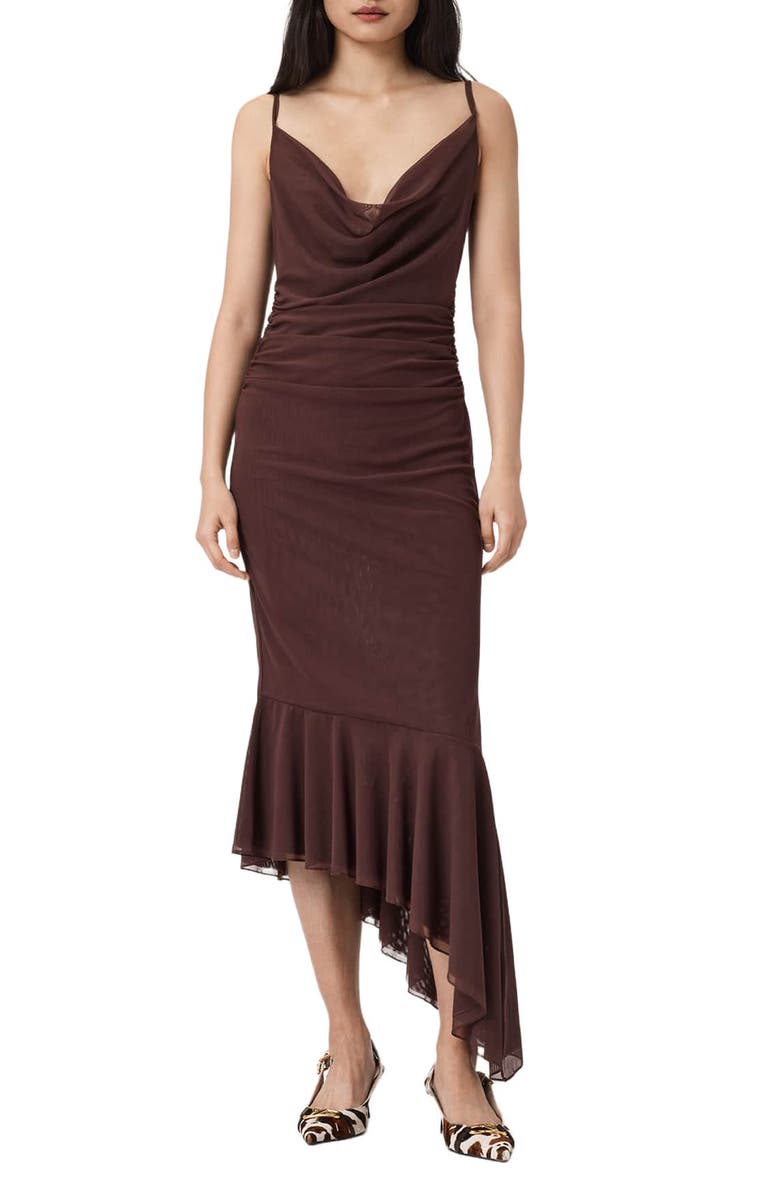 AllSaints Bea Asymmetric Hem Mesh Midi Dress, Main, color, Bitter Brown