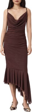 AllSaints Bea Asymmetric Hem Mesh Midi Dress