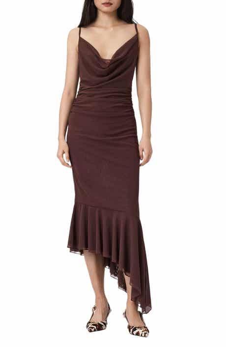 AllSaints Bea Asymmetric Hem Mesh Midi Dress