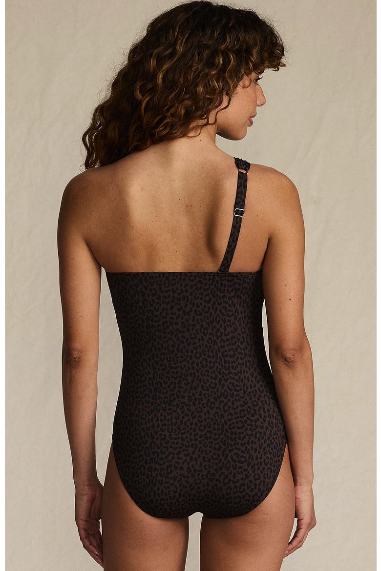 Womens Chlorine Resistant Shirred One Shoulder One Piece Swimsuit Removable Adjustable Strap, Alternate, color, Brown Leopard