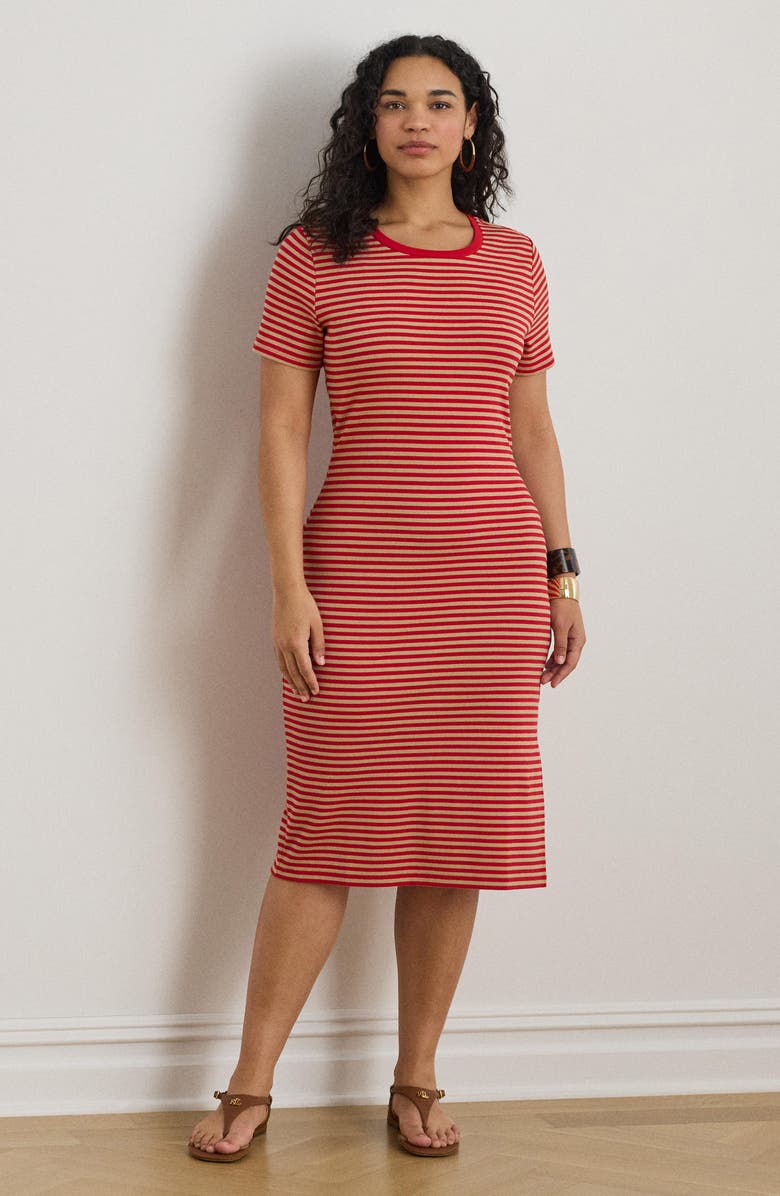 Lauren Ralph Lauren Stripe Cotton Blend Rib T-Shirt Dress, Alternate, color, Cruise Red/ Birch Beige