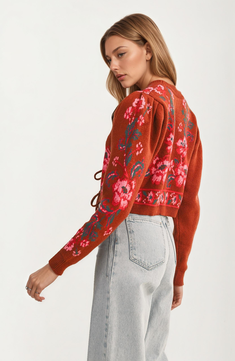 Knit and Lounge Floral Knit Tie Front Cardigan, Alternate, color, Rust / Pink Floral