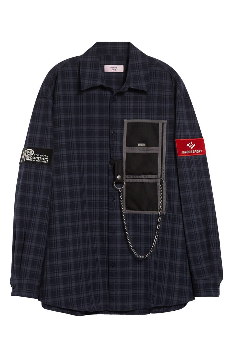 Martine Rose Wallet Chain Plaid Flannel Button-Up Shirt, Alternate, color, Blue