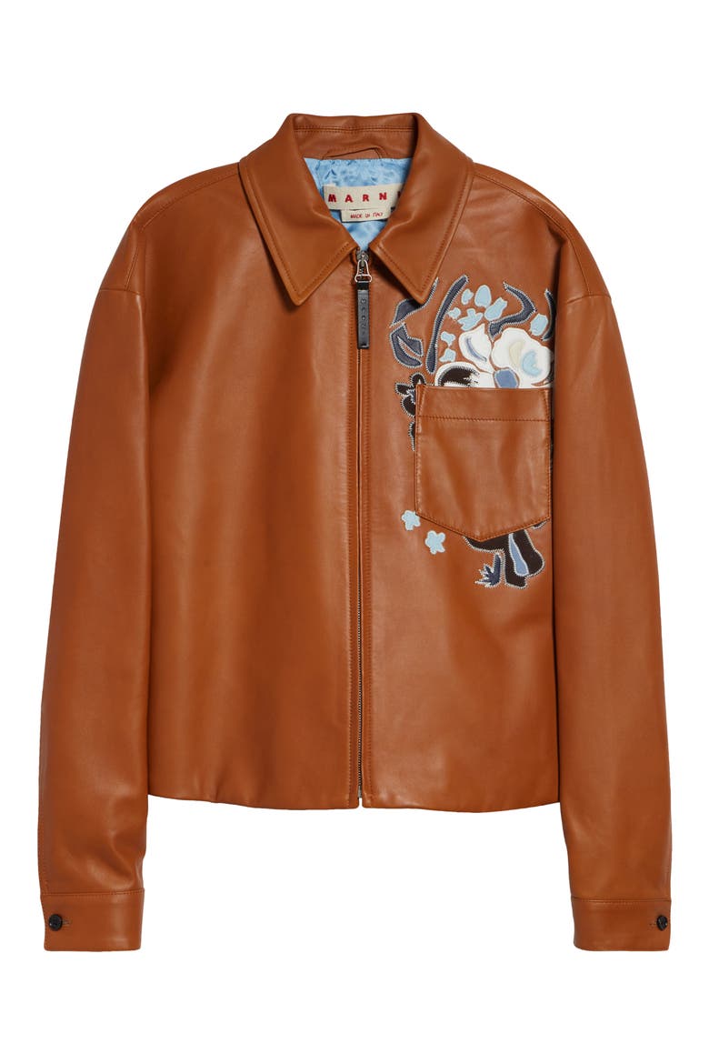 Flower Intarsia Leather Overshirt, Main, color, RUST