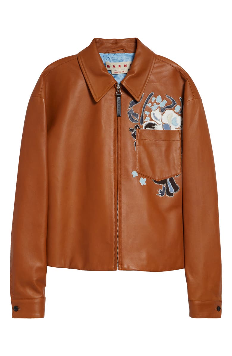 Marni Flower Intarsia Leather Overshirt, Main, color, Rust
