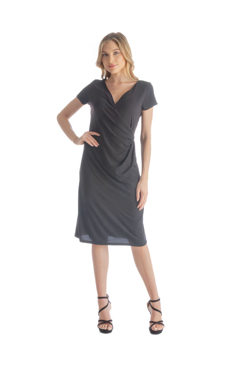 24seven Comfort Apparel Short Sleeve Knee Length Faux Wrap Dress, Main, color, Black