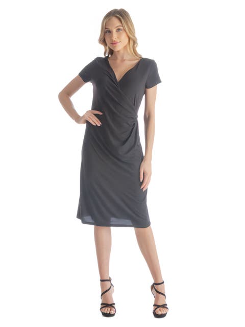 Petites Short Sleeve Knee Length Faux Wrap Dress