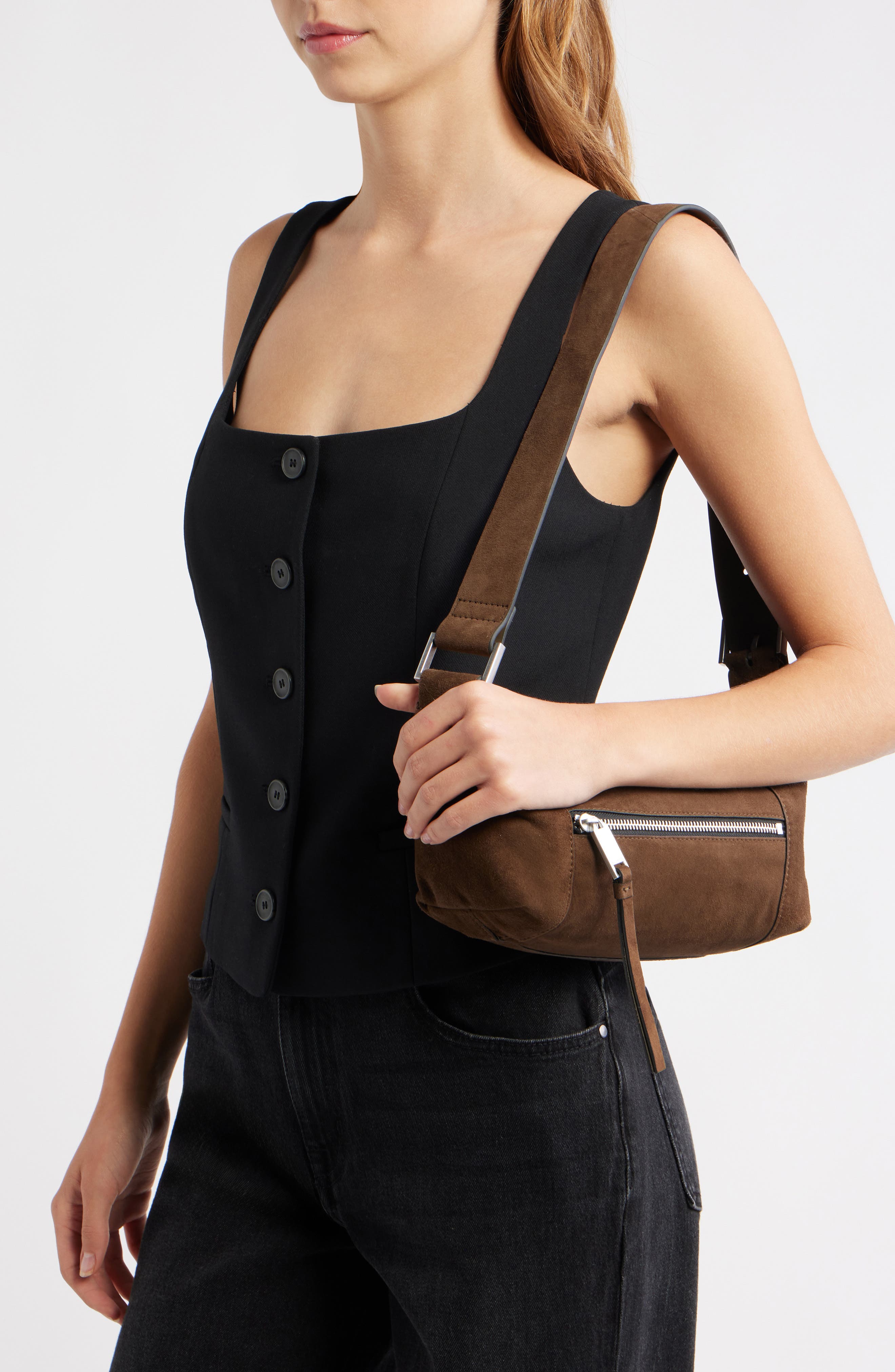 AllSaints Mini Vega Suede Shoulder Bag, Alternate, color, Fango Brown