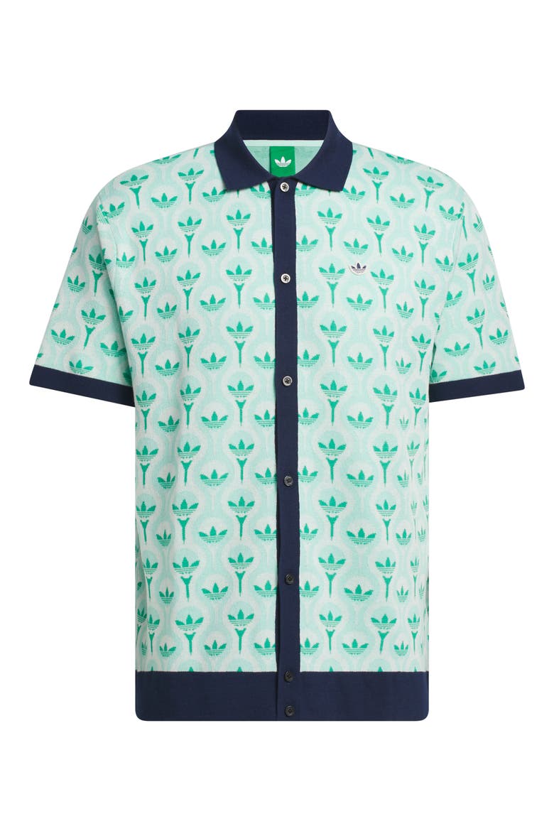 Originals Trefoil & Tee Jacquard Short Sleeve Piqué Button-Up Shirt, Main, color, WHITE/ CLEAR MINT/ COURT GREEN