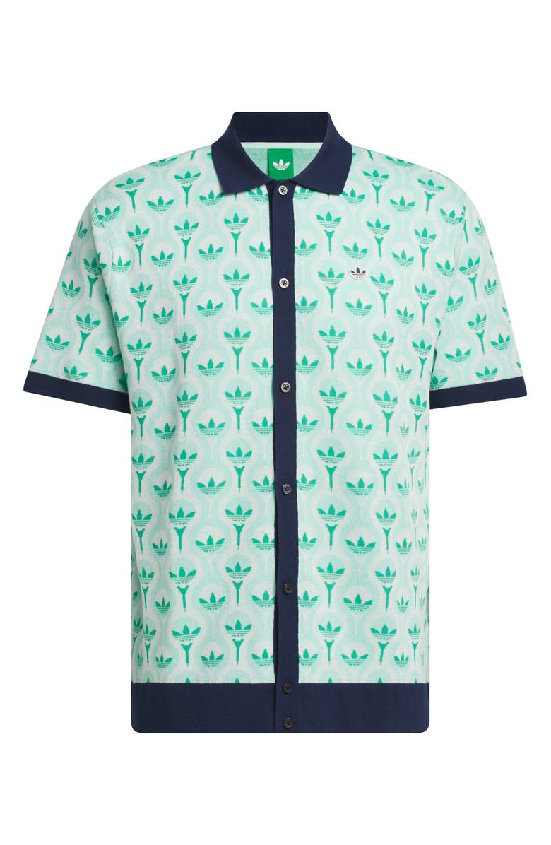adidas Originals Trefoil & Tee Jacquard Short Sleeve Piqué Button-Up Shirt, Main, color, White/ Clear Mint/ Court Green