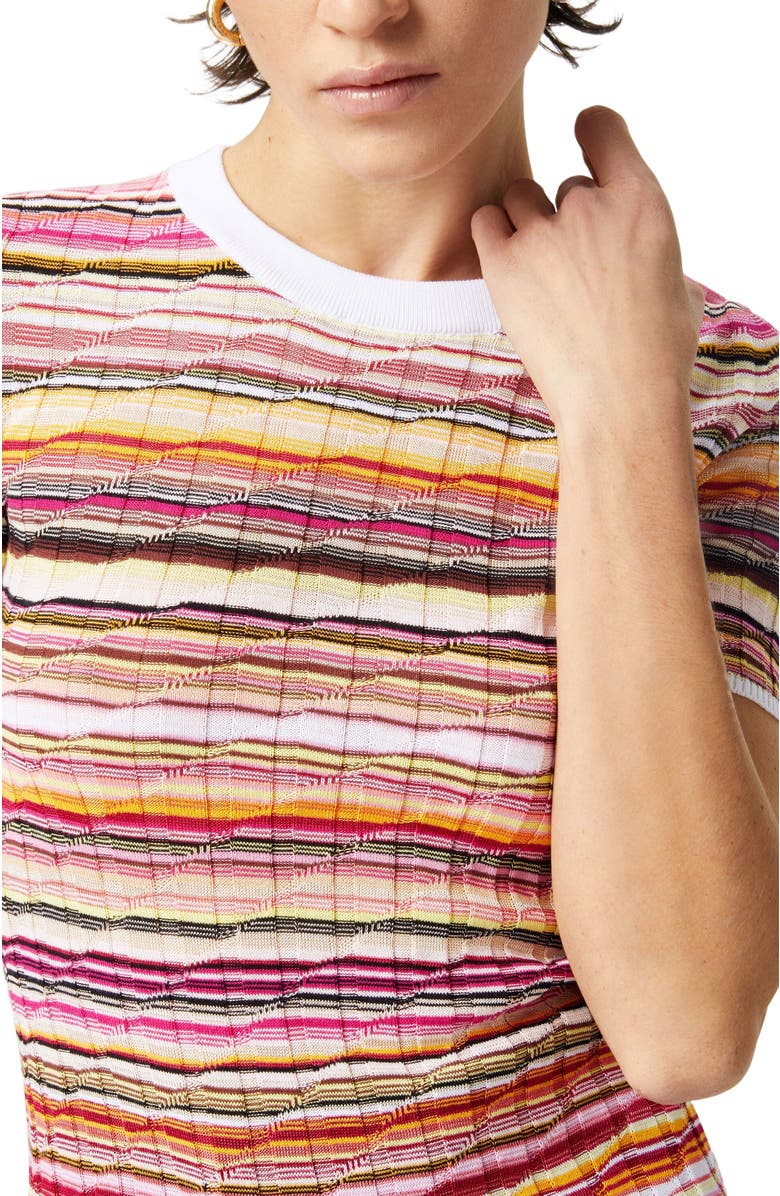 Missoni Striped Cotton And Viscose Ribbed Sweater With Three-quarter Sleeves, Alternate, color, Pink