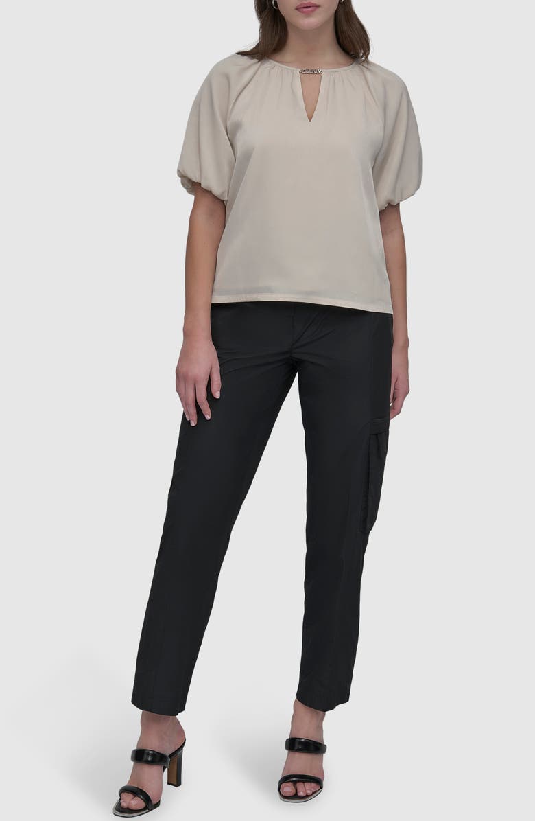 DKNY Logo Puff Sleeve Top, Alternate, color, Light City Khaki