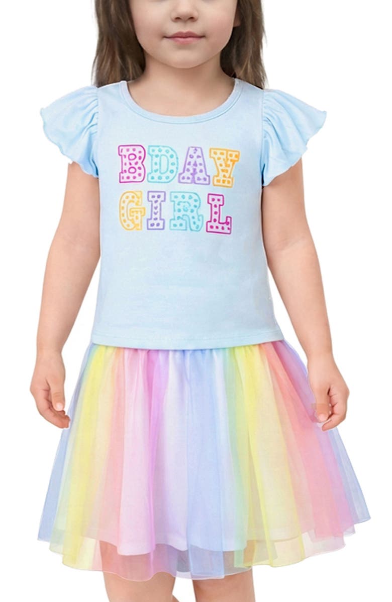 Zunie Kids' B-Day Graphic T-Shirt & Tutu Skirt Set, Alternate, color, Aqua Multi