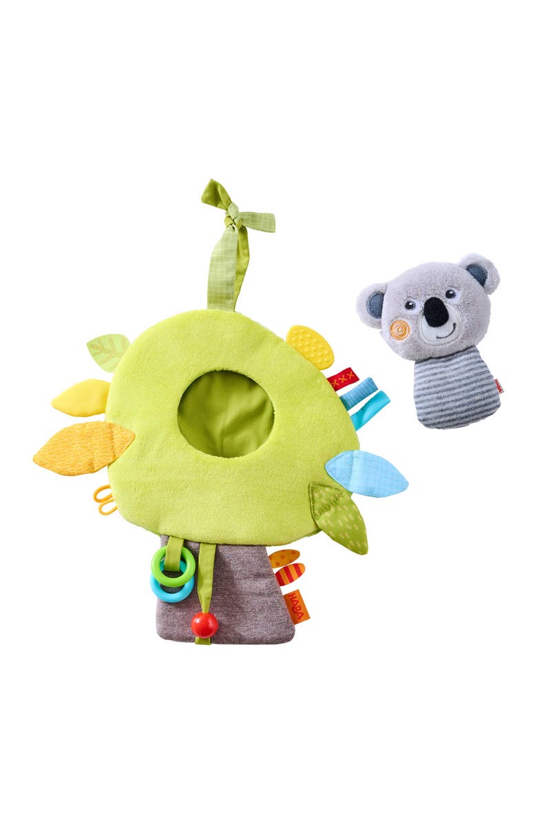 HABA Koala Hanging Toy for Babies, Stroller and Car Seat Toy - Interactive Plush Activity Center with Rattle, Crinkle, Taggies for Babies, Alternate, color, Yellow Multi