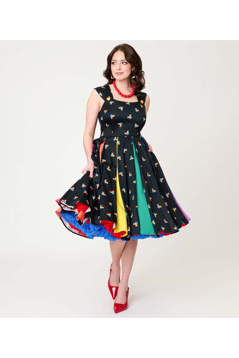 Square Neck Sleeveless Godet Swing Dress, Main, color, Black Rainbow Mickey Print