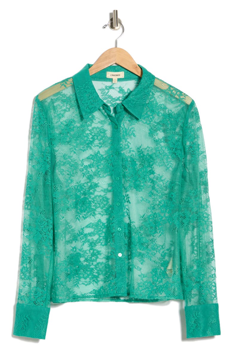 Maia Lace Button-Up Shirt, Alternate, color, BRIGHT JADE