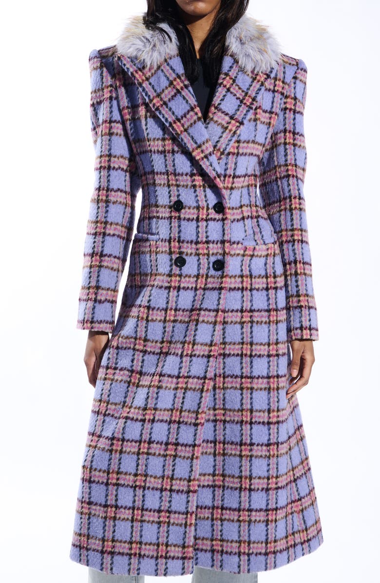 AZALEA WANG Plaid Trench with Faux Fur Collar, Alternate, color, Lavender