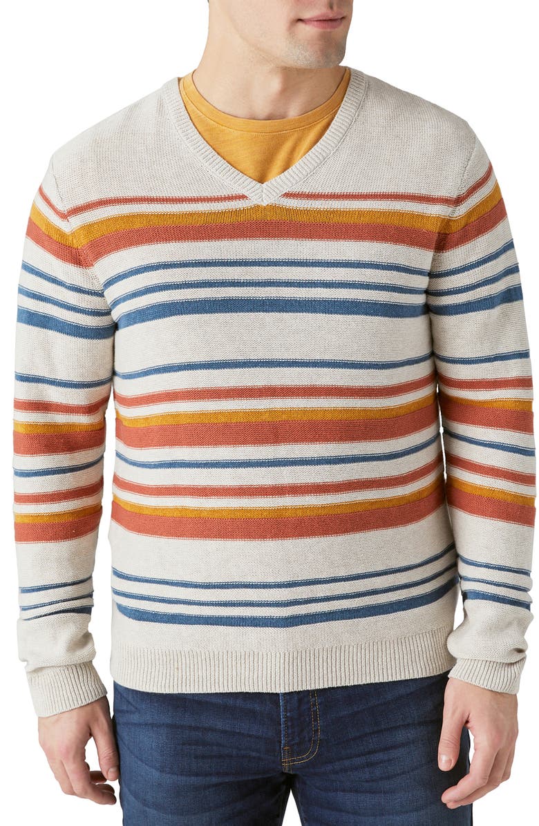 Lucky Brand Welterweight Stripe V-Neck Cotton & Linen Sweater, Main, color,