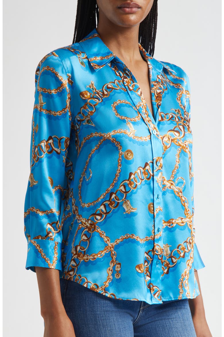 Dani Chain Print Three-Quarter Sleeve Silk Button-Up Shirt, Alternate, color, DRESDEN BLUE/ GOLD CHAIN