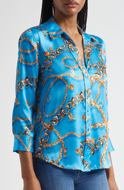 L Agence L'agence Dani Chain Print Three-quarter Sleeve Silk Button-up Shirt In Blue