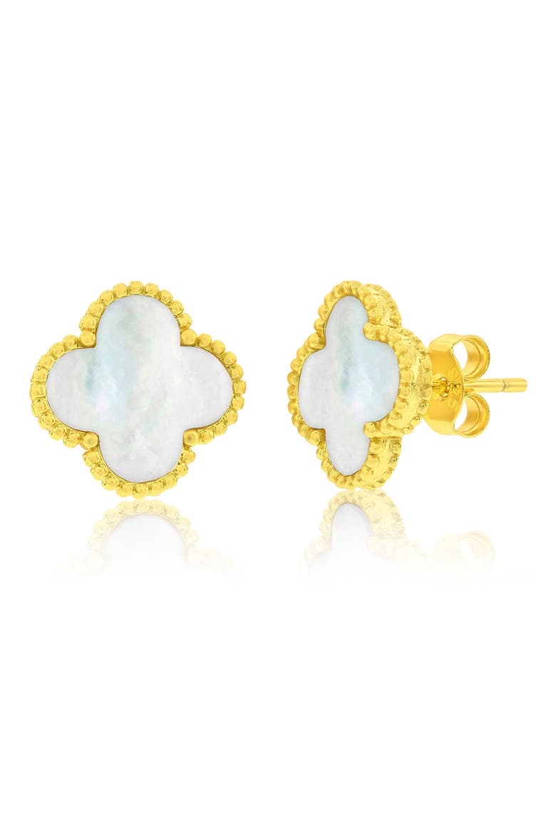 Mother-of-Pearl Clover Milgrain Halo Stud Earrings, Main, color, GOLD