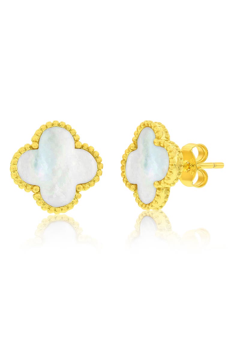 SIMONA Mother-of-Pearl Clover Milgrain Halo Stud Earrings, Main, color, Gold