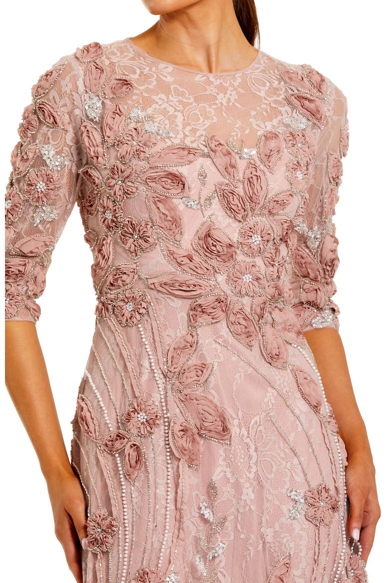 Women's High Neck Embellished Lace Gown with 3/4 Sleeves, Alternate, color, Mocha