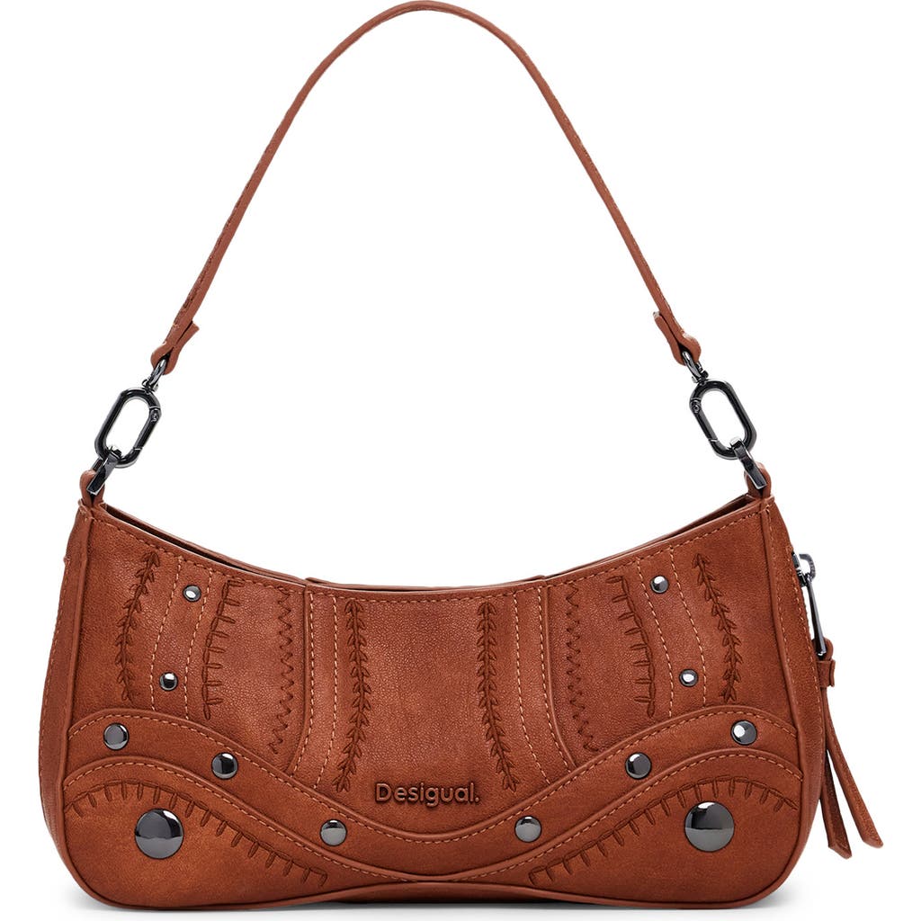 Desigual Small Embroidered Faux Leather Crossbody Bag In Camel