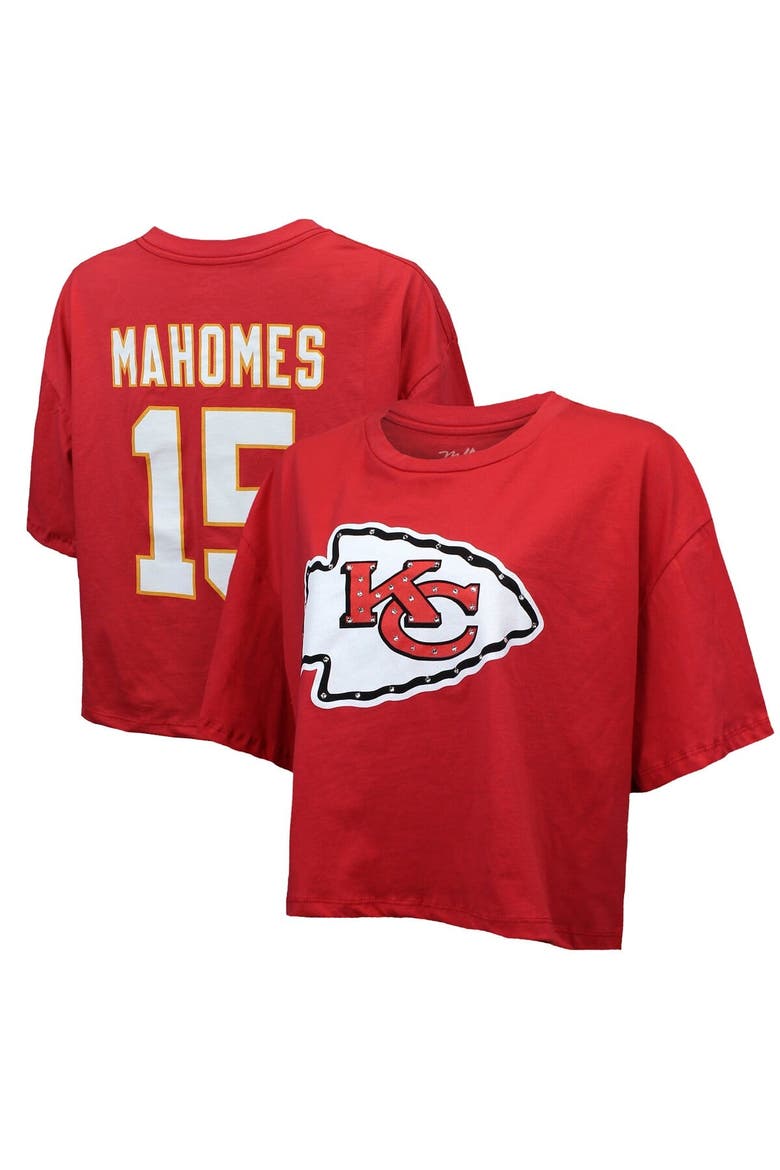 Women's Majestic Threads Patrick Mahomes Red Kansas City Chiefs Swarovski Crystals Boxy Cropped Name & Number T-Shirt, Main, color, Red