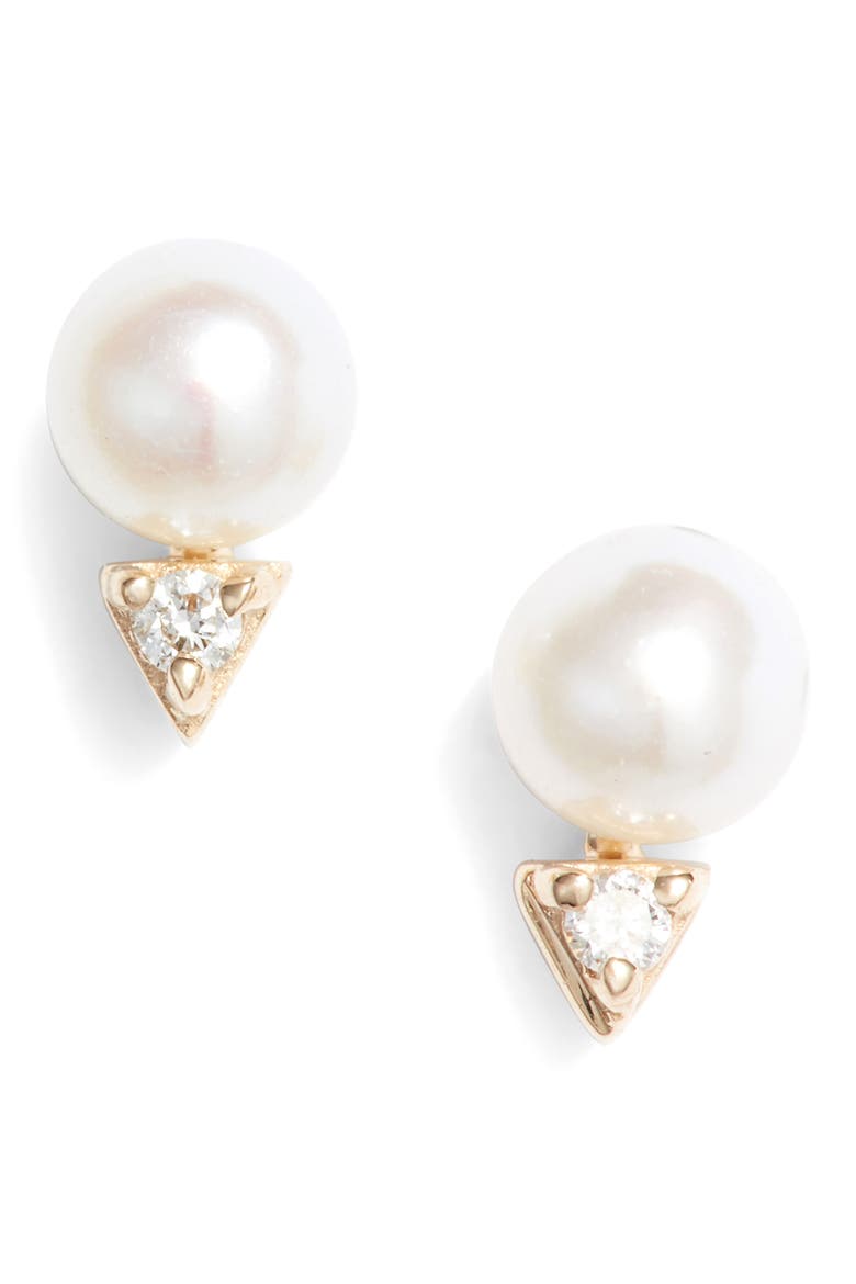 Pearl & Diamond Stud Earrings, Main, color, YELLOW GOLD