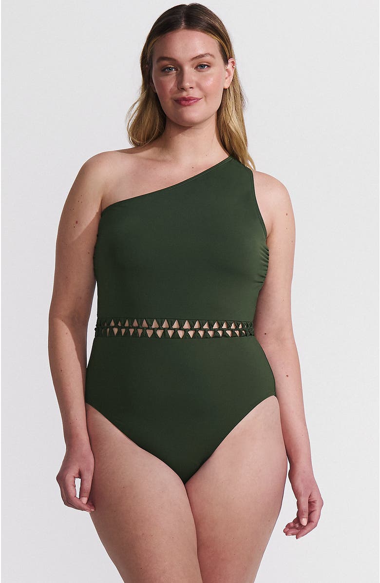 Lands' End Plus Size Macrame One Shoulder High Leg One Piece Swimsuit, Main, color, Rich Olive Green