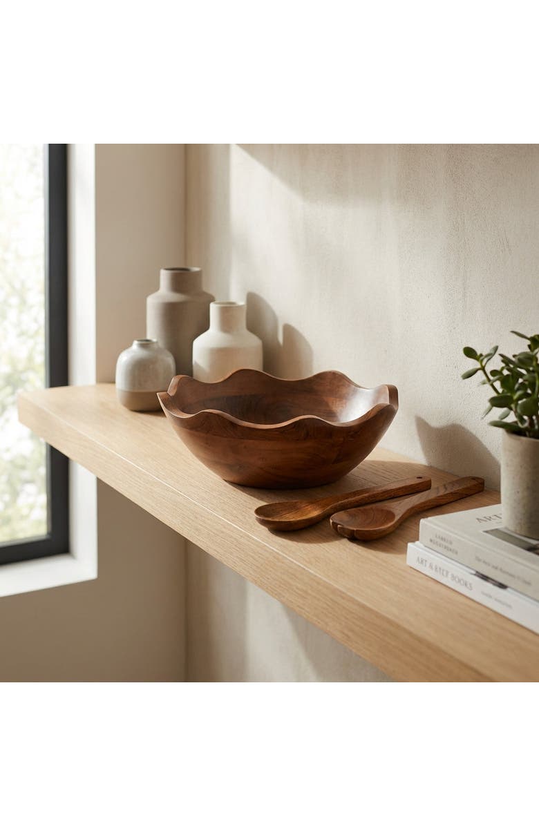 Mela Artisans Acacia Wood Large Scalloped Bowl with Servers, Alternate, color, Brown