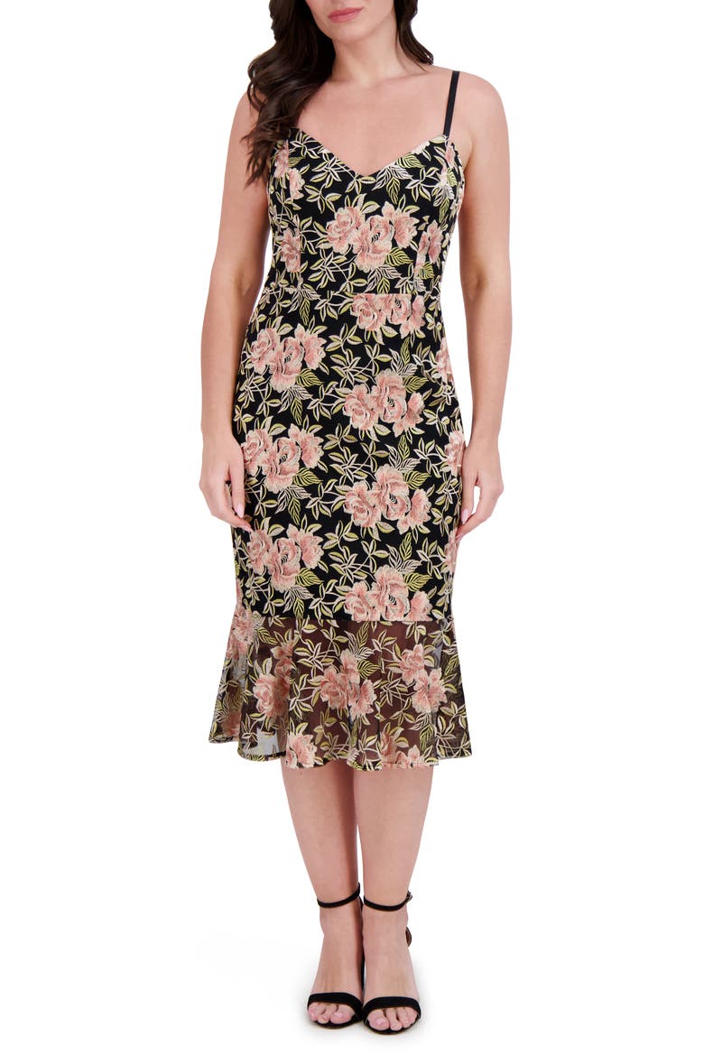 Embroidered Mesh Midi Dress, Main, color, BLACK MULTI