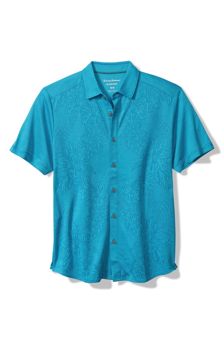 Tommy Bahama Bali Border Floral Jacquard Short Sleeve Silk Button-Up Shirt, Main, color, Aqua Blue