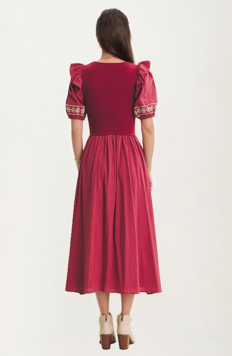 Knit and Lounge Embroidered Trim Puff Sleeve Midi Dress, Alternate, color, 