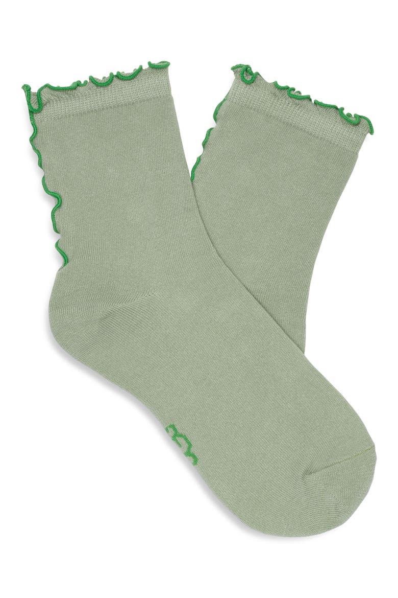Karsyn II Lettuce Edge Quarter Socks, Alternate, color, ARTICHOKE / HUMMINGBIRD